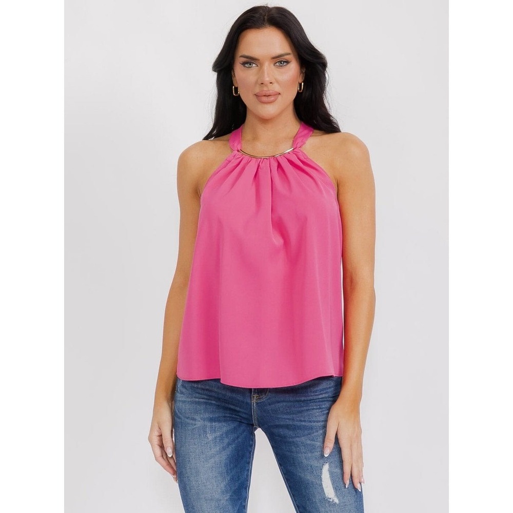 Milk & Honey Hot Pink Halter Top Gold Ring Neck Bow Back Sleeveless Blouse Large